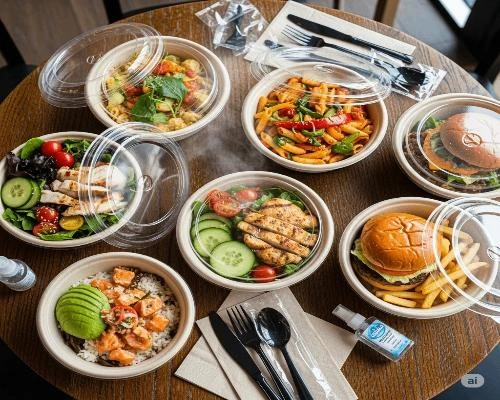 ظرف یکبار مصرف درب دار 1 ظرف یکبار مصرف درب دار-🥡 ظرف یکبار مصرف دربدار پارسام با غذا داخل آن، چیده شده روی میز ناهارخوری در رستوران 🍽️🍱، مناسب سرو غذای بهداشتی