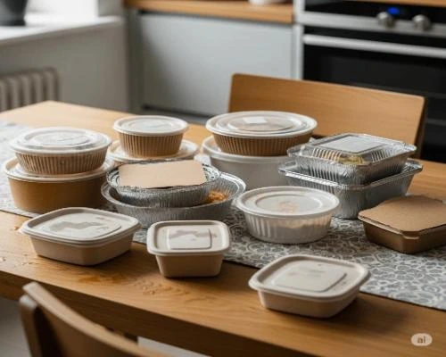 ظرف یکبار مصرف درب دار 2 ظرف یکبار مصرف درب دار-🥡 انواع ظرف یکبار مصرف دربدار پارسام با کیفیت بالا و طراحی مقاوم، همراه با غذا روی میز ناهارخوری آشپزخانه 🍽️🍱