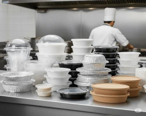 ظرف یکبار مصرف درب دار 3 ظرف یکبار مصرف درب دار-🥡 ظروف یکبار مصرف دربدار متنوع پارسام (کاغذی، آلومینیومی، پلاستیکی، ماکروویوی) با کیفیت عالی روی میز سرآشپز رستوران 🍱✨