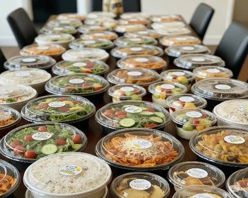 ظرف یکبار مصرف درب دار 4 ظرف یکبار مصرف درب دار-🥡 انواع مختلف ظرفهای کوچک و بزرگ یکبار مصرف دربدار پارسام همراه با غذا، چیده شده روی میز بزرگ ناهارخوری 🍽️🍱