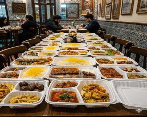 ظروف بسته‌بندی رستورانی – 🥡 ظروف یکبار مصرف ماکروویوی چندخانه | همراه با غذا روی میز رستوران ایرانی ✅