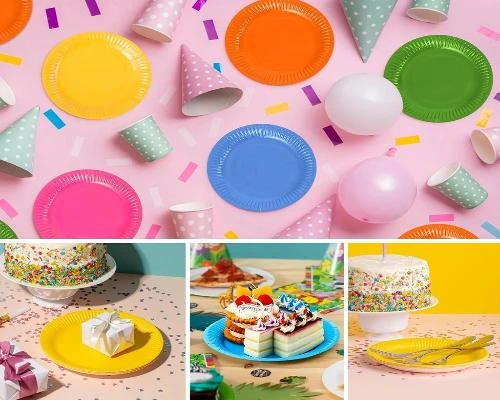 بشقاب یکبار مصرف 4 بشقاب یکبار مصرف-بشقاب یکبار مصرف رنگی ساده مناسب جشن تولد و مهمانی همراه با کیک، شیرینی و تزئینات تولد