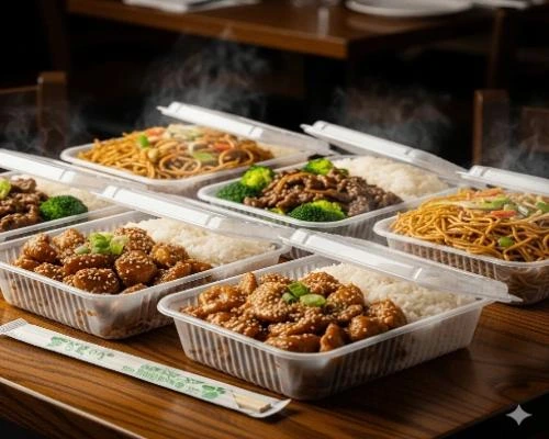 ظروف بسته‌بندی رستورانی – 🥡 ظروف یکبار مصرف تک‌خانه درب‌دار سفید | همراه با غذا روی میز رستوران ✅