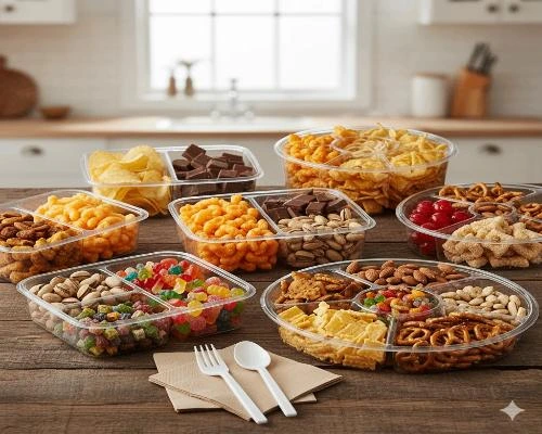 ظروف یکبار مصرف فست فود 29 ظروف یکبار مصرف چند قسمتی - 🍱 ظروف یکبار مصرف شفاف پر شده با انواع خوراکیها شامل آجیل، چیپس، شکلات، پاستیل و پفک که روی یک میز چوبی قرار دارند.