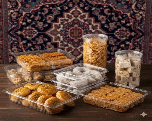 ظروف یکبار مصرف فست فود 53 ظروف بسته بندی قنادی و شیرینی پزی 🍰 | بستهبندی شفاف شیرینی خشک، باقلوا، قطاب و دسر در ظروف یکبار مصرف مقاوم