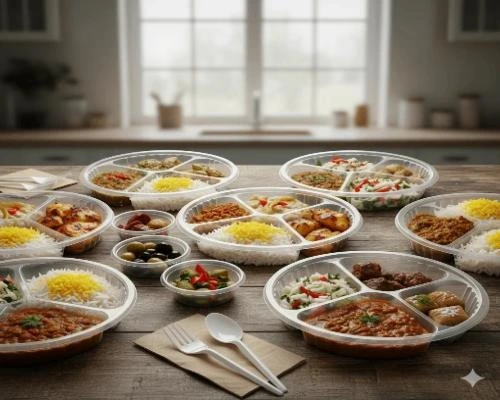 ظروف یکبار مصرف چند قسمتی - 🍱 ظروف یکبار مصرف شفاف پر شده با انواع غذاهای ایرانی شامل خورشت، کباب و پلو که روی یک میز چوبی در آشپزخانه چیده شده‌اند.