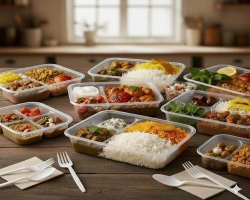 ظروف یکبار مصرف چند قسمتی - 🍱 ظروف یکبار مصرف شفاف پر شده با انواع غذاهای ایرانی شامل خورشت و پلو که روی یک میز چوبی چیده شده‌اند.