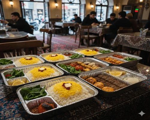 بهترین ظروف یکبار مصرف - 🍴🥘 ظروف چند خانه یکبار مصرف آلومینیومی حاوی کباب و پلو، چیده شده روی میز یک رستوران ایرانی