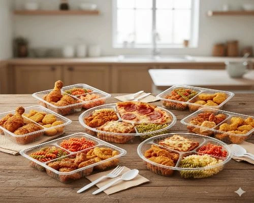 ظروف یکبار مصرف چند قسمتی - 🍕 ظروف یکبار مصرف شفاف پر شده با انواع غذاهای آماده شامل مرغ سوخاری، ناگت، پیتزا و پاستاهای رنگی که روی یک میز چوبی قرار دارند.