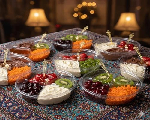 ظروف یکبار مصرف لوکس و لاکچری - ✨ پیاله‌های چندخانه شفاف گرد با دسر و میوه رنگارنگ روی سفره مجلسی