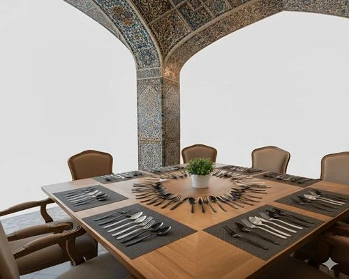محصولات کاتلری 🍴 – قاشق و چنگال مشکی و سفید روی میز مربعی شکل با معماری ایرانی