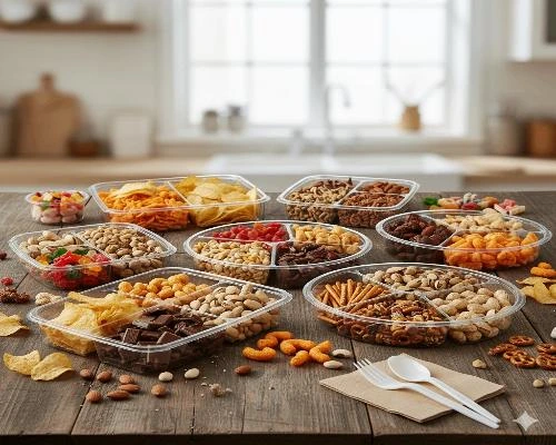 ظروف یکبار مصرف چند قسمتی - 🍱 ظروف یکبار مصرف شفاف پر شده با انواع خوراکی‌ها شامل چیپس، آجیل، شکلات و پاستیل که روی یک میز چوبی در آشپزخانه قرار دارند.