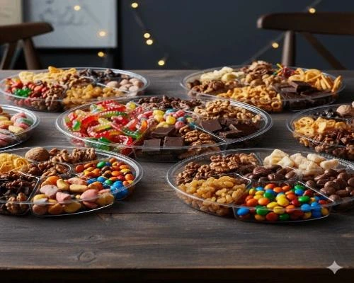 ظروف یکبار مصرف لوکس و لاکچری - 🍬 دیس‌های چندخانه شفاف گرد پر از آجیل، شکلات، پاستیل و تنقلات رنگارنگ روی میز پذیرایی