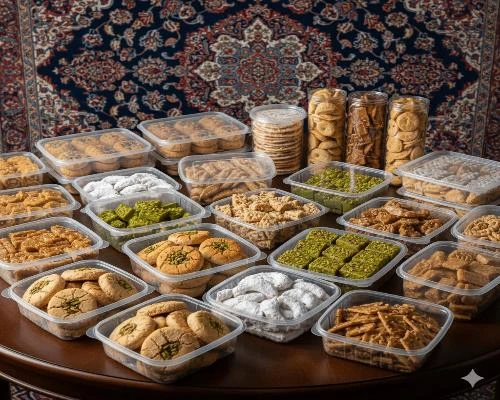 ظروف بسته بندی قنادی و شیرینی پزی 🍪 | بسته‌بندی شفاف یکبار مصرف برای شیرینی خشک، کلمپه، باقلوا، قطاب و شیرینی سنتی در ظروف مقاوم
