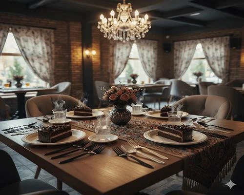 محصولات کاتلری 🍴 – قاشق و چنگال یکبار مصرف مشکی و سفید روی میز کافه، همراه با فنجان آبجوش و کیک شکلاتی در ظرف‌های یکبار مصرف