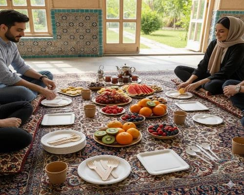 بهتربن ظروف یکبار مصرف-ظروف یکبار مصرف گیاهی 🍃 | سفره سنتی ایرانی با میوه و چای در لیوان‌ و بشقاب گیاهی و قاشق چنگال چوبی مناسب مهمانی و پیک‌نیک