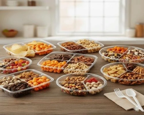ظروف یکبار مصرف چند قسمتی - 🍱 ظروف یکبار مصرف شفاف پر شده با انواع خوراکی‌ها شامل چیپس، پفک، آجیل، شکلات و پاستیل که روی یک میز چوبی در آشپزخانه چیده شده‌اند.