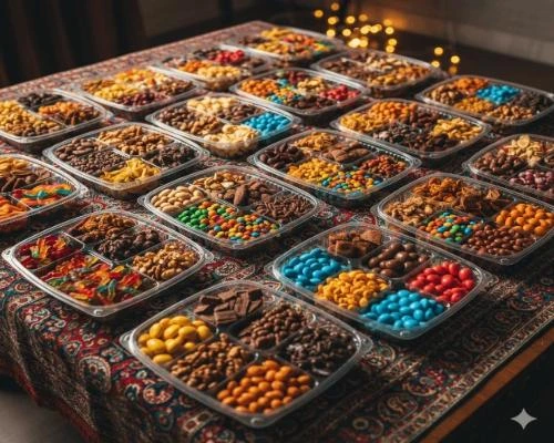 ظروف یکبار مصرف لوکس و لاکچری - 🍬 دیس‌های چندخانه شفاف گرد پر از آجیل، شکلات، پاستیل و تنقلات رنگارنگ روی میز پذیرایی