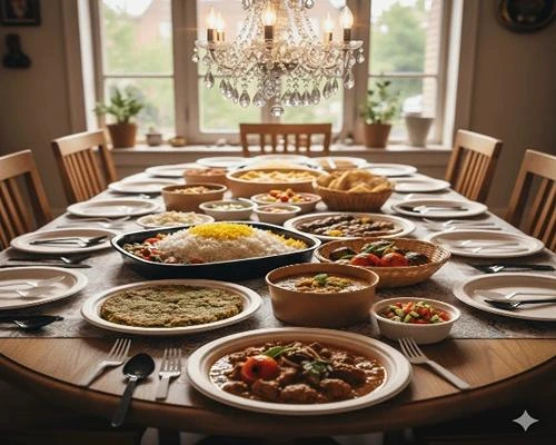 محصولات کاتلری 🍴 – قاشق و چنگال یکبار مصرف مشکی و سفید روی میز ناهار خوری خانگی همراه با غذاهای ایرانی