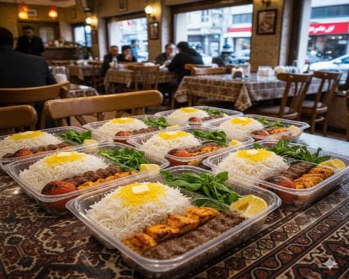 بهترین ظروف یکبار مصرف - 🥘🍗 ظروف یکبار مصرف چند خانه شفاف ماکروویوی حاوی کباب، جوجه کباب، پلو، سبزی و لیمو ترش