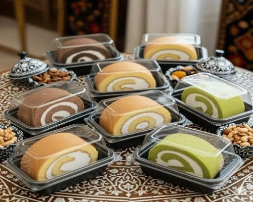 ظروف بسته بندی قنادی و شیرینی پزی 🎂 | کاپ‌کیک‌های شفاف مستطیلی زیره مشکی مخصوص کیک رولتی روی میز با پارچه ترمه