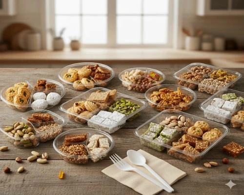ظروف یکبار مصرف چند قسمتی - 🍱 ظروف یکبار مصرف شفاف پر شده با انواع شیرینی‌های سنتی، آجیل و دسر که روی یک میز چوبی در آشپزخانه قرار دارند.