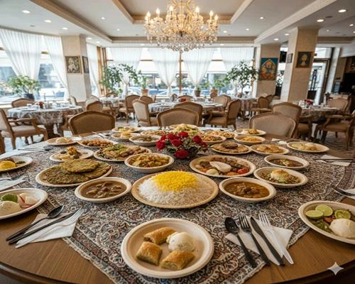 محصولات کاتلری 🍴 – قاشق و چنگال یکبار مصرف مشکی و سفید روی میز ناهار خوری خانگی همراه با غذاهای ایرانی