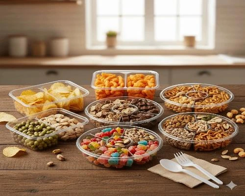 ظروف یکبار مصرف چند قسمتی - 🍱 ظروف یکبار مصرف شفاف پر شده با انواع خوراکی‌ها شامل چیپس، پفک، آجیل، شکلات و پاستیل که روی یک میز چوبی در آشپزخانه چیده شده‌اند.