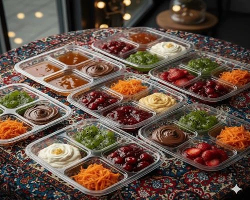 ظروف یکبار مصرف لوکس و لاکچری – 🥮 ظروف چهارخانه شفاف همراه با خامه شکلاتی، خامه عسلی، خامه صبحانه، مربای آلبالو، مربای گیلاس، مربای کیوی و مربای هویج