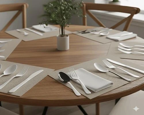 محصولات کاتلری 🍴 – قاشق و چنگال یکبار مصرف مشکی و سفید مرتب روی میز چیده شده، آماده برای سرو غذا