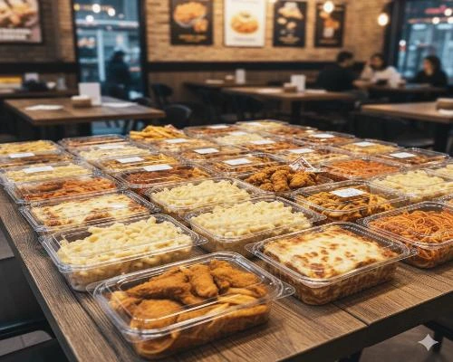 بهترین ظروف یکبار مصرف-🥡 ظروف یکبار مصرف درب‌دار شفاف حاوی ماکارونی، پاستا، پیتزا و مرغ سوخاری بسته‌بندی شده