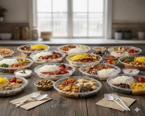 ظروف یکبار مصرف چند قسمتی - 🍱 ظروف یکبار مصرف شفاف پر شده با انواع غذاهای آماده شامل پلو، کباب، مرغ و دورچین که روی یک میز چوبی چیده شده‌اند.