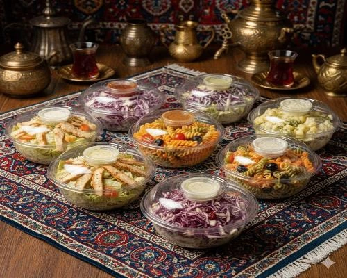 ظروف یکبار مصرف لوکس و لاکچری – 🥗 ظرف یکبار مصرف گرد شفاف سالاد سزار همراه با سالاد ماکارونی، سالاد سزار و سالاد کلم