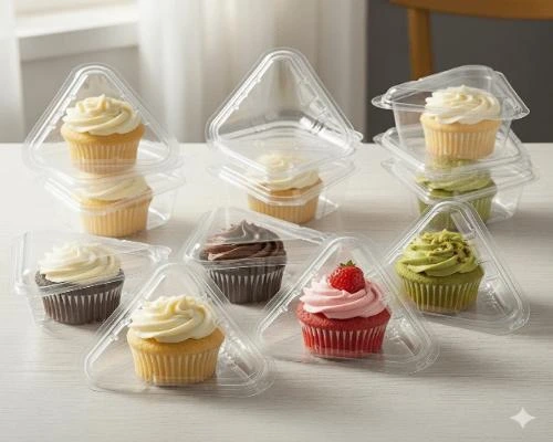 ظروف بسته بندی قنادی و شیرینی پزی | 🧁 ظرف یکبار مصرف کاپ کیک مثلثی شفاف | مناسب بسته‌بندی کیک