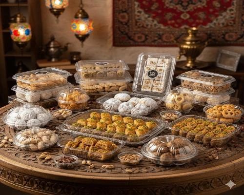 ظروف یکبار مصرف لوکس و لاکچری – 🍬 ظروف یکبار مصرف شفاف بسته بندی قنادی و شیرینی پزی همراه با شیرینی‌های محلی