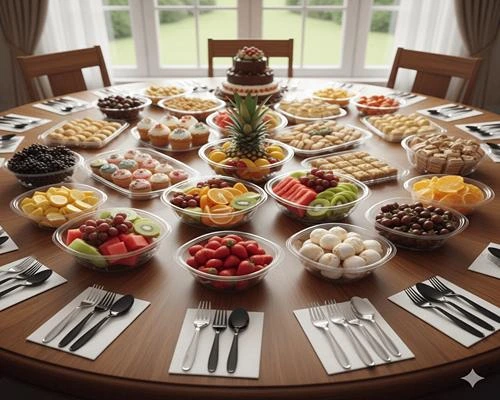 محصولات کاتلری 🍴 – قاشق و چنگال مشکی و متالایز روی میز گرد، همراه با میوه‌ها، شیرینی‌ها و کیک در ظرف‌های یکبار مصرف