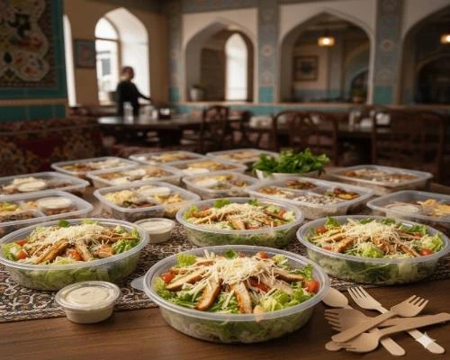 بهترین ظروف یکبار مصرف - 🥗🥄 ظروف یکبار مصرف شفاف حاوی سالاد سزار همراه با سس‌خوری و چنگال‌های یکبار مصرف، چیده شده روی میز یک رستوران ایرانی