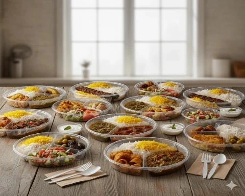 ظروف یکبار مصرف چند قسمتی - 🍱 ظروف یکبار مصرف شفاف پر شده با انواع غذاهای ایرانی مانند کباب، خورشت و پلو که روی یک میز چوبی چیده شده‌اند.