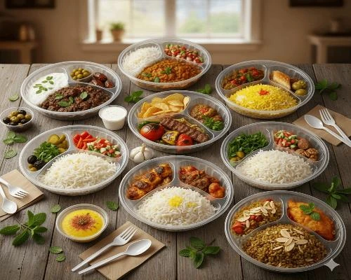 ظروف یکبار مصرف چند قسمتی - 🍱 ظروف یکبار مصرف شفاف پر شده با انواع غذاهای ایرانی مانند کباب، خورشت و پلو که روی یک میز چوبی چیده شده‌اند.