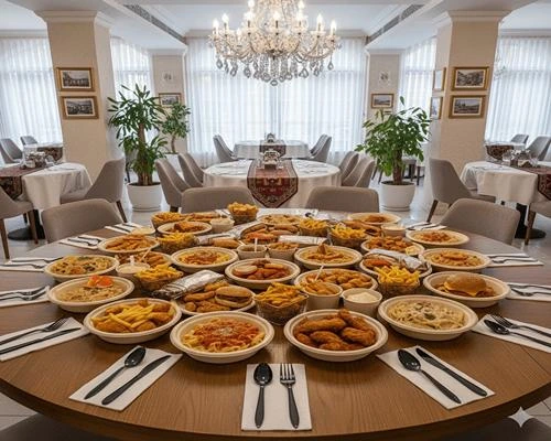 محصولات کاتلری 🍴 – قاشق و چنگال مشکی روی میز گرد رستوران، همراه با انواع فست‌فود مانند مرغ سوخاری، همبرگر، سیب‌زمینی سرخ‌کرده و پاستا در ظروف یکبار مصرف