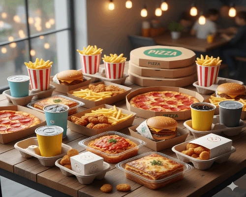 ظروف یکبار مصرف فست فود 5 ظروف یکبار مصرف فست فود – 🍟 لازانیا، پیتزا، ناگت مرغ، همبرگر، فلافل و سیب زمینی سوخاری و نوشابه در ظروف یکبار مصرف روی میز