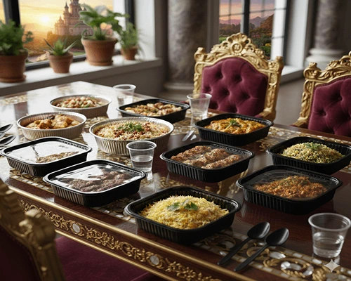 ظرف یکبار مصرف-انواع ظرف یکبار مصرف زیبا و مقاوم چیده شده روی میز همراه با غذا های ایرانی